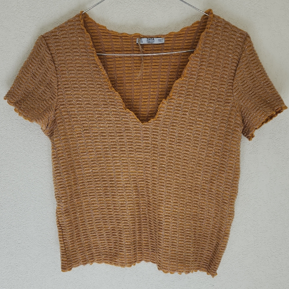 Zara Women's Textured Mustard Yellow Lightweight Sweater Gold threading Sz Med